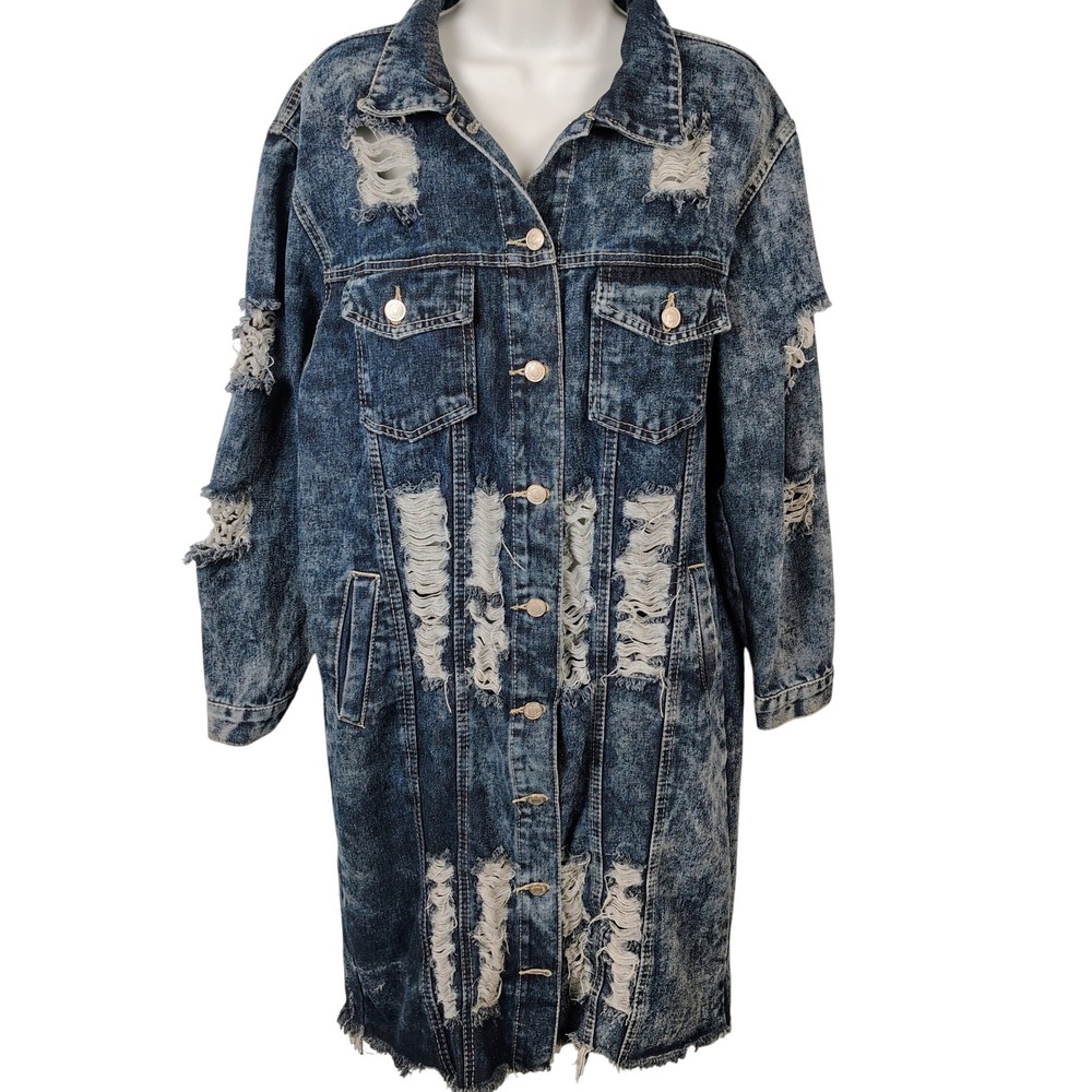 Thrill Jeans Women Distressed Acid Wash Denim Long Jacket Blue Grungecore SZ M